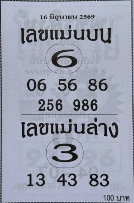 เลขแม่นบน เลขแม่นล่าง 16/6/69 ปล่อยแนวทางโค้งสุดท้าย เด่น 6 บน เด่น 3 ล่าง คอหวยไม่พลาดส่องก่อนวันออกสลาก